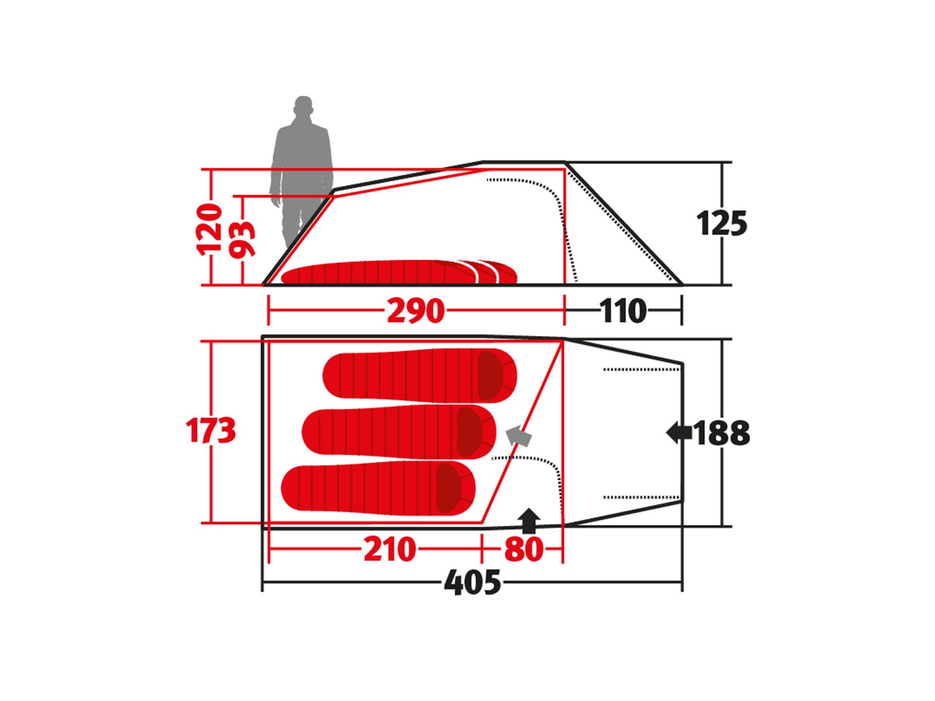 Outpost 3 Grundriss – asymmetrisches Innenzelt für große Personen